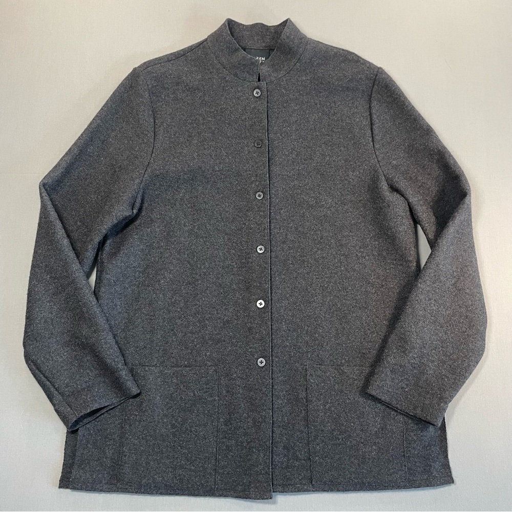 Eileen Fisher Wool Button Front Jacket with Stand Collar, Gray - Womens Medium
